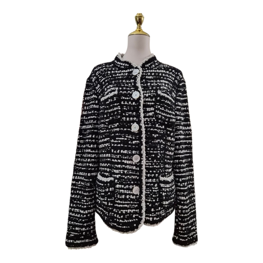 Rena Lange Women’s Black White Bouclé Knit Sweater Jacket Large Button XL